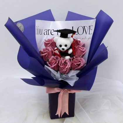Graduation Bear Soap Flower Bouquet – Purple Edition